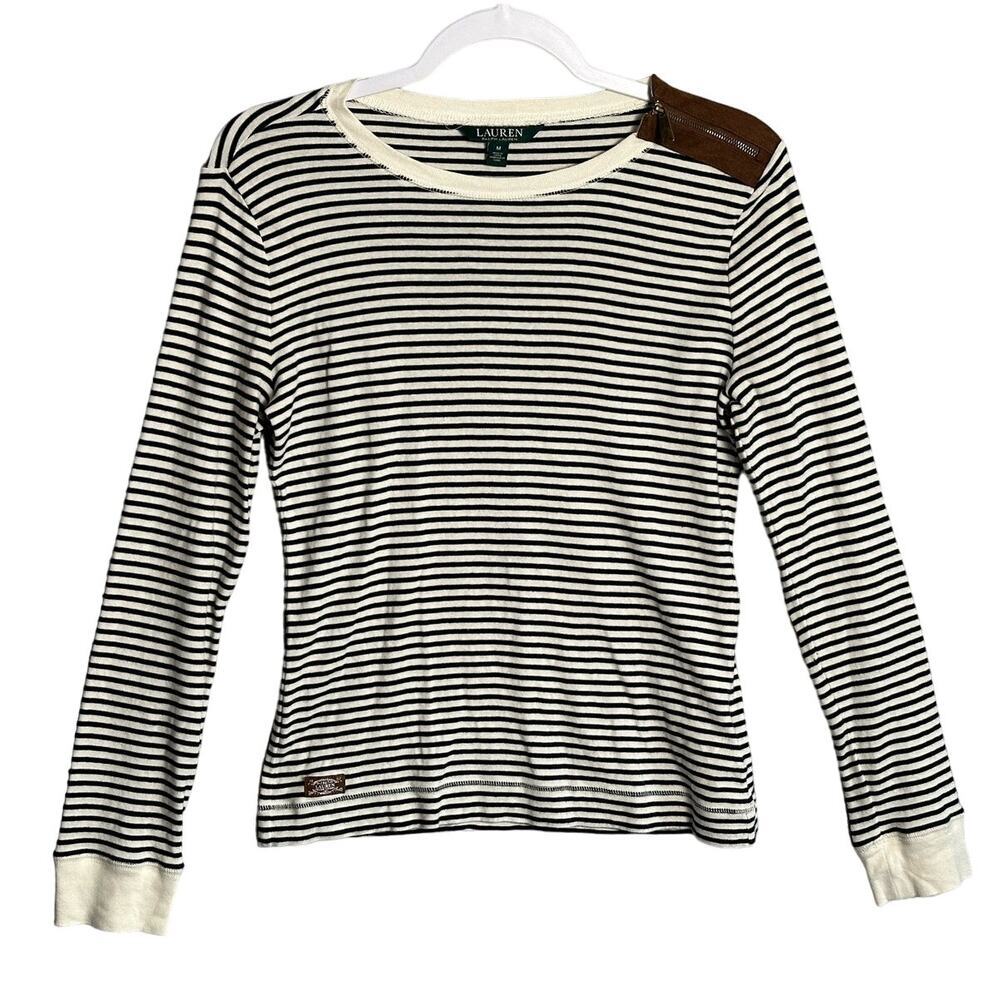 Lauren Ralph Lauren Sz‎ M Striped Long Sleeve Suede Elbow Patches nautical navy